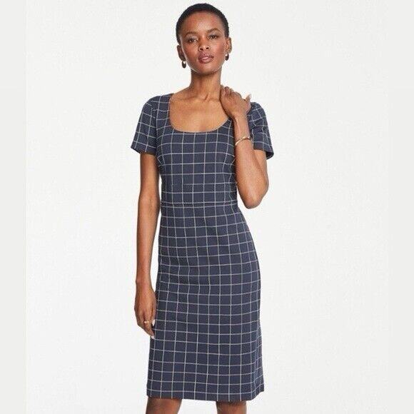 Ann‎ Taylor Size 4 Navy Blue Plaid Office Career Shealth Above Knee Dress - Picture 1 of 10